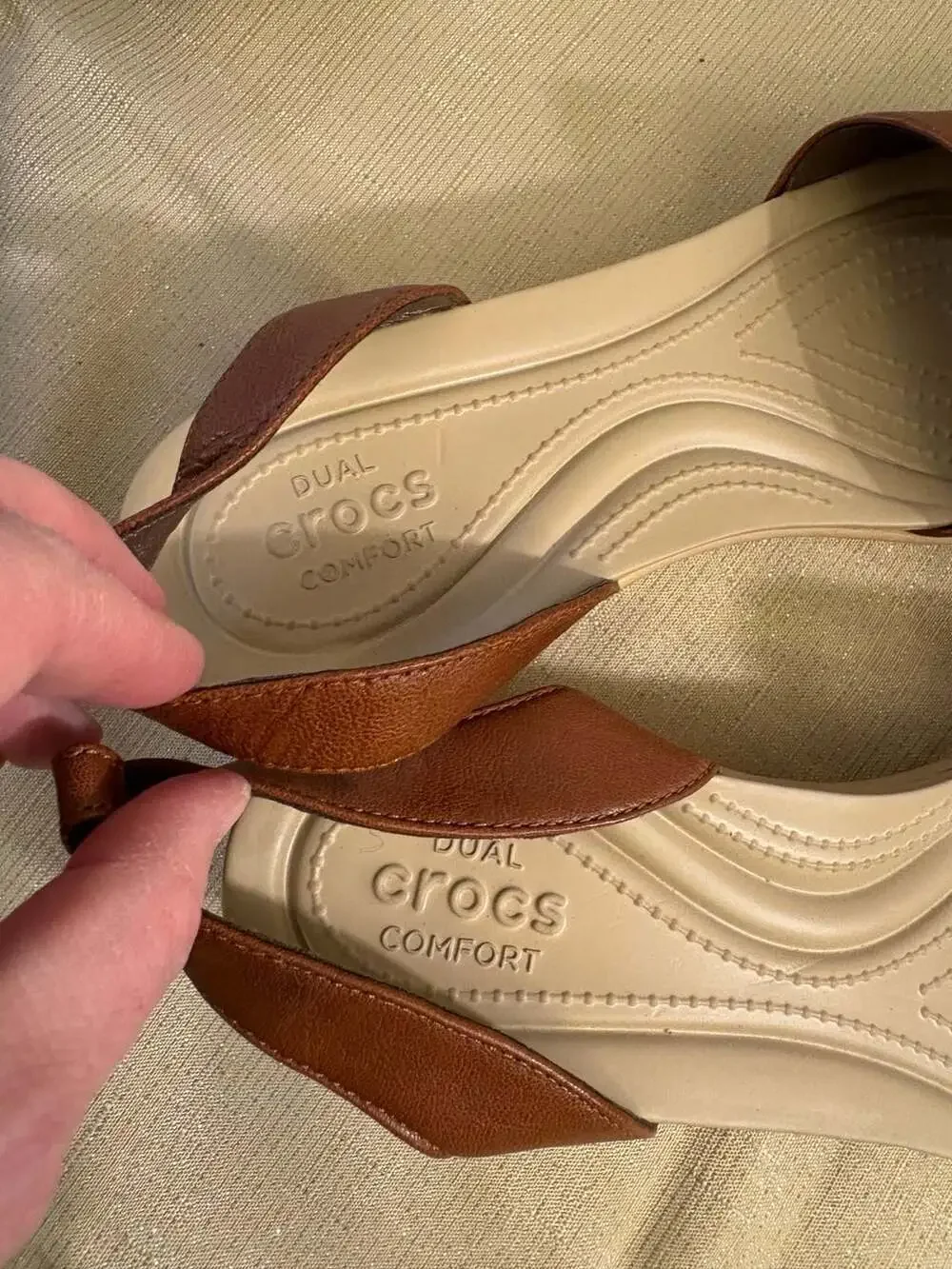 Crocs Brown Leather Slingback Wedge Sandals